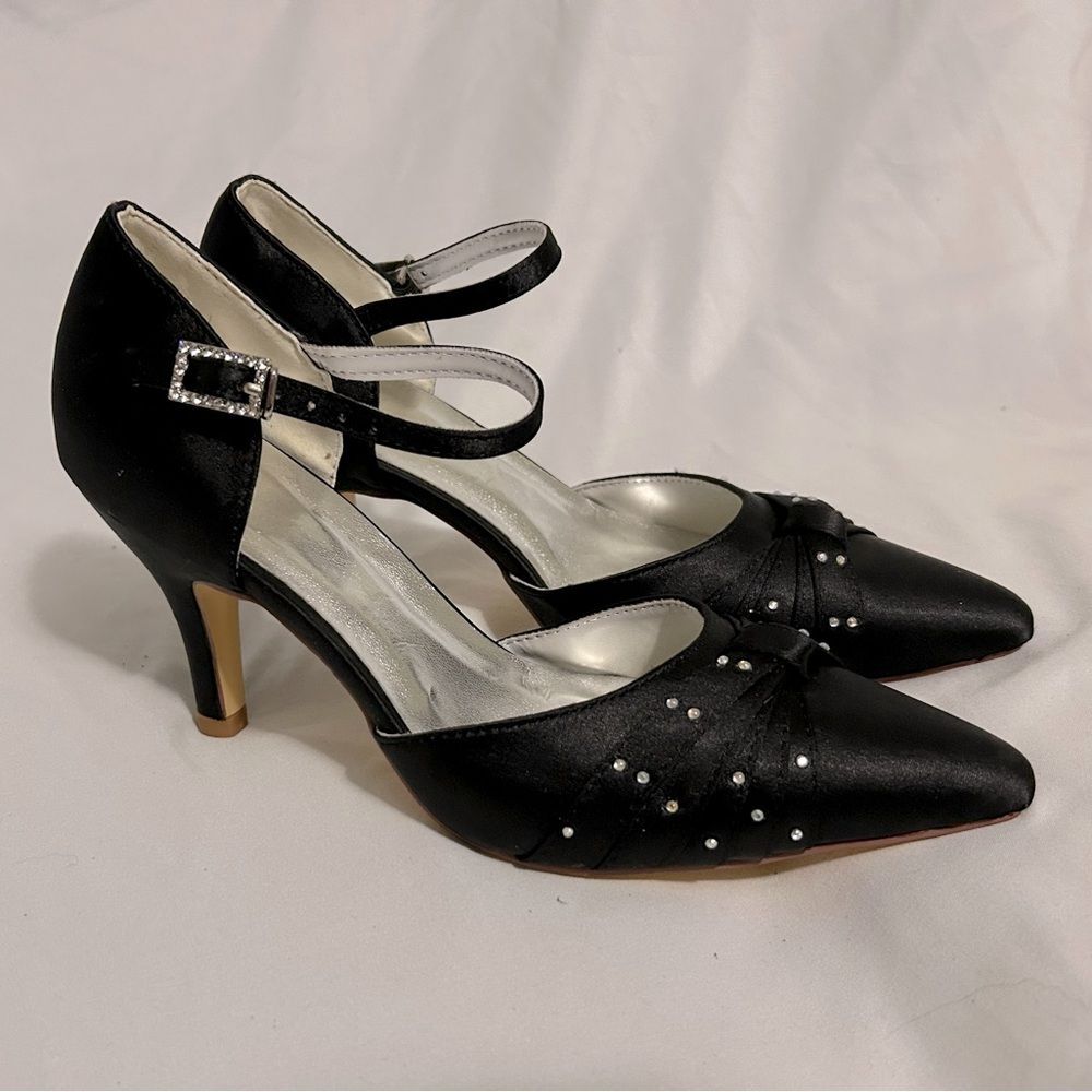 Women’s satin black heels with rhinestones size 5
